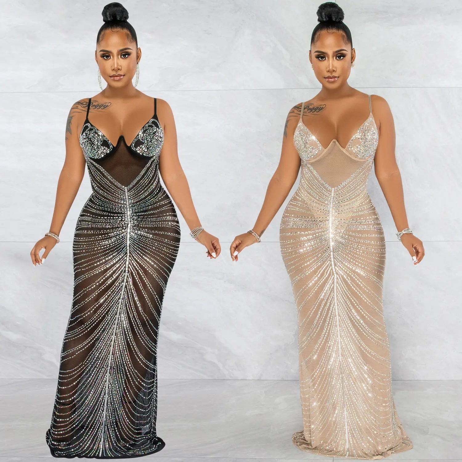 Fashion sexy beaded strapless sheer mesh long dress