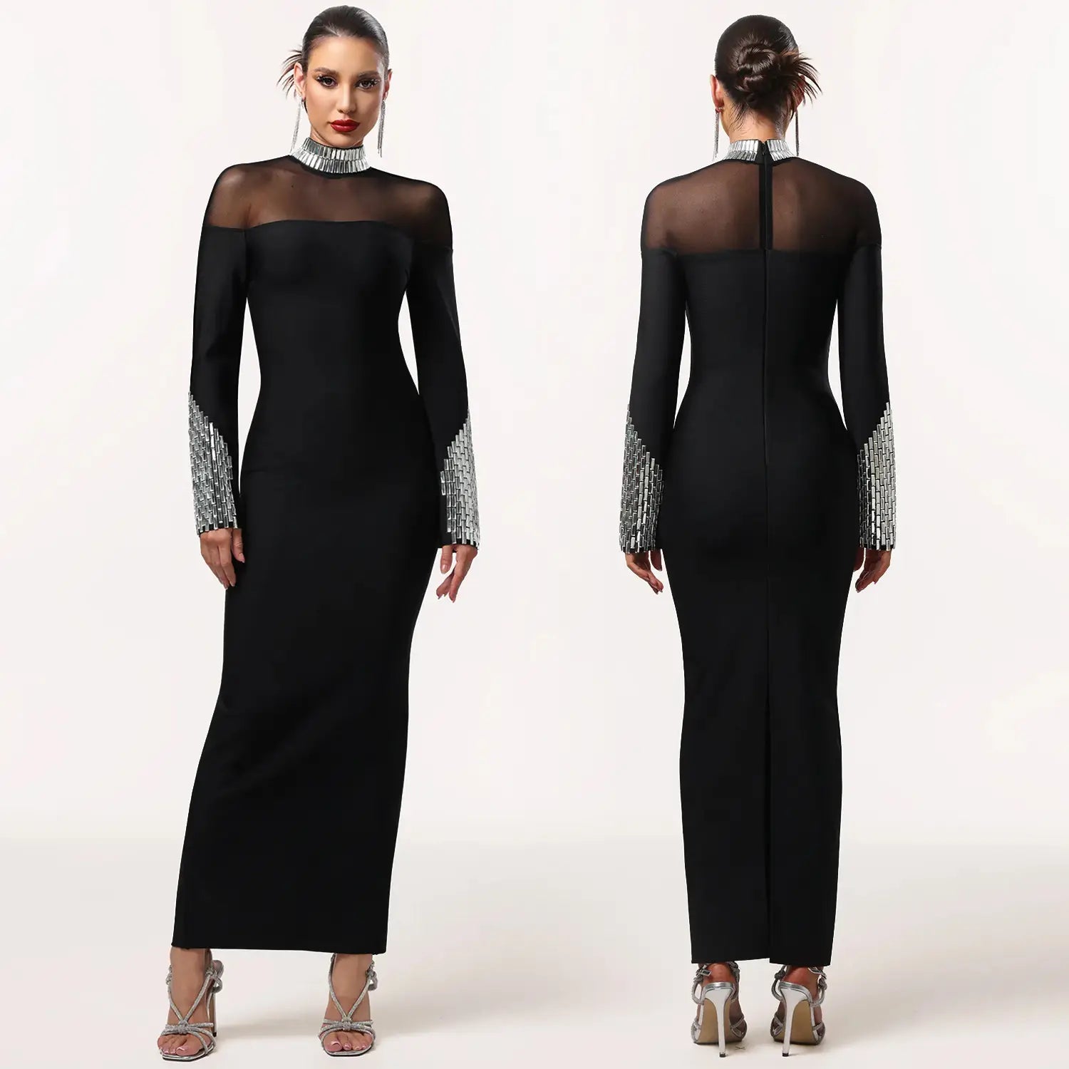 Elegant high neck long sleeve fitted sequined dress for women