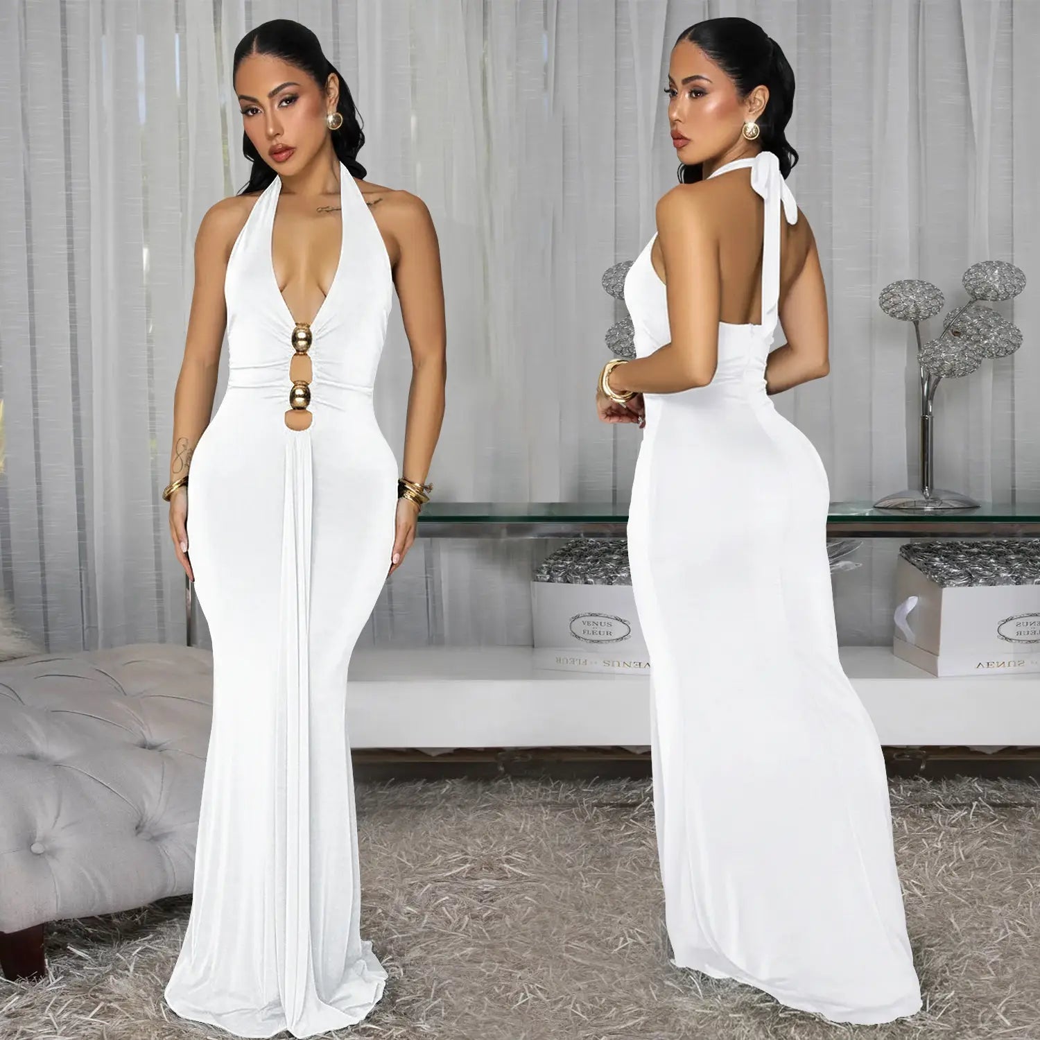 Fashion women’s sexy backless halter deep v neck solid color dress