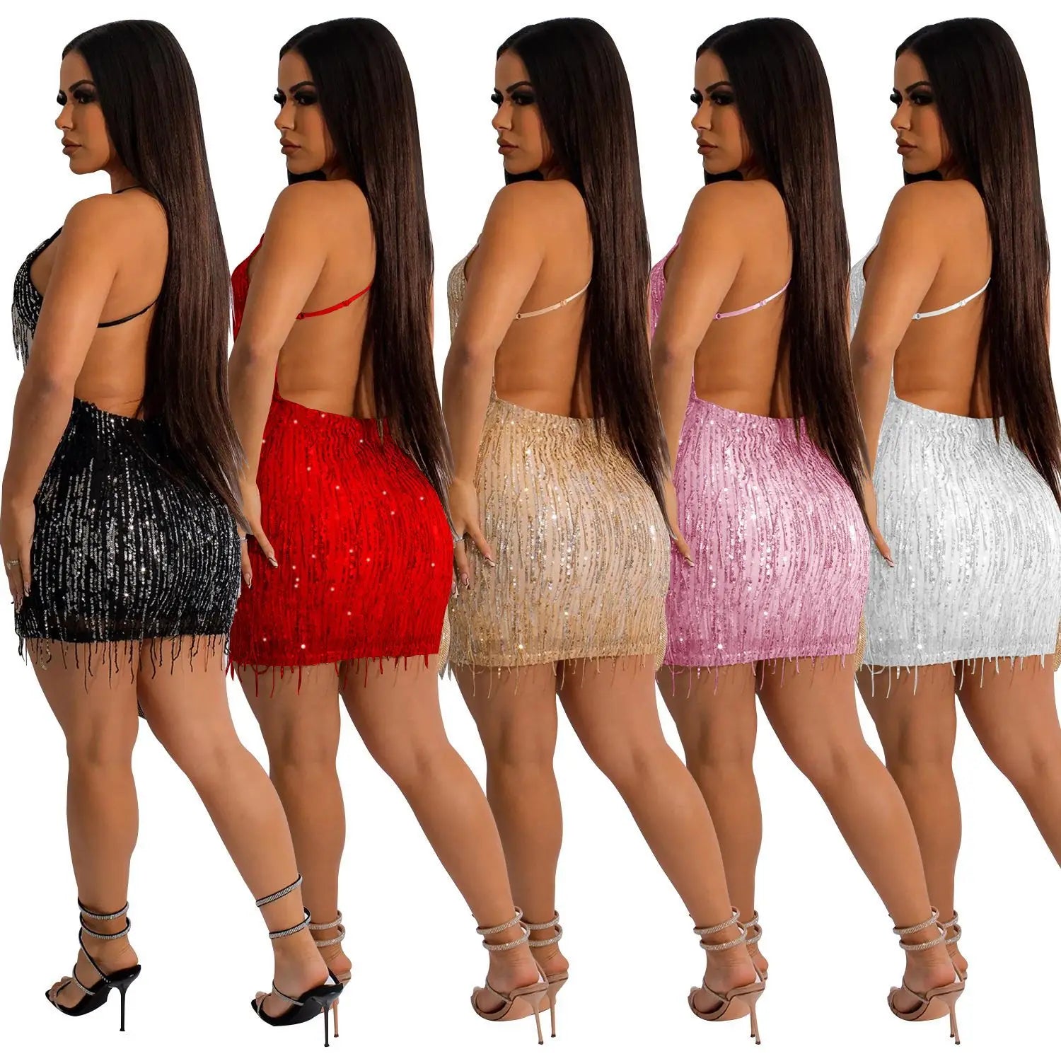 Style Solid Color Sleeveless Sequin V-Neck Backless Dress