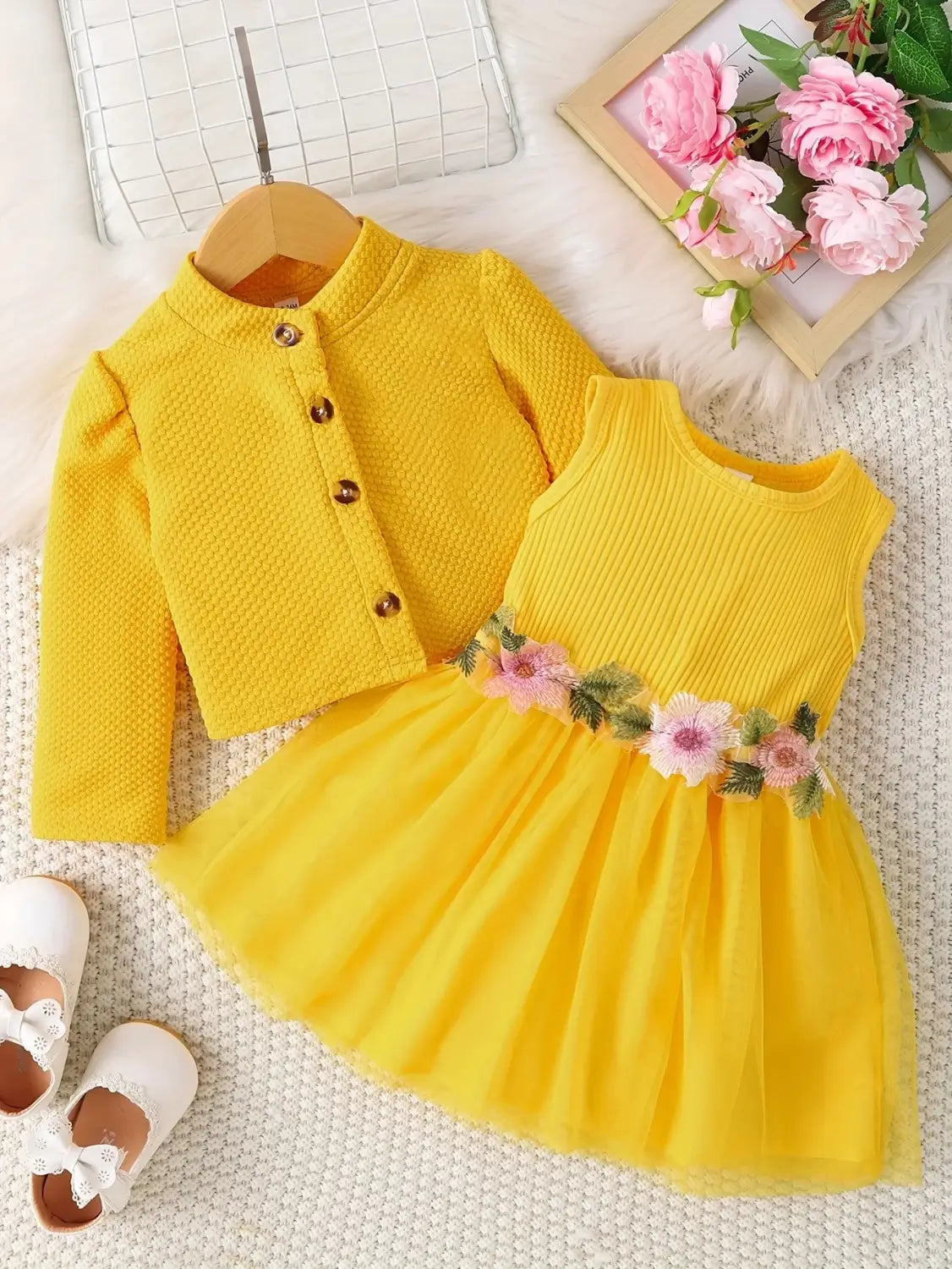 Baby girl waist flower design vest spliced mesh dress jacket for infants and young children
