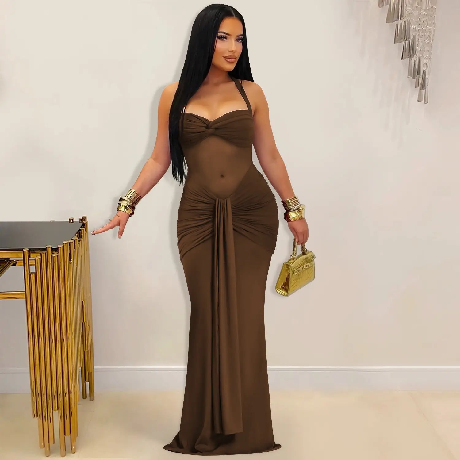 Fashion women’s sexy sheer mesh halter tie-back dress