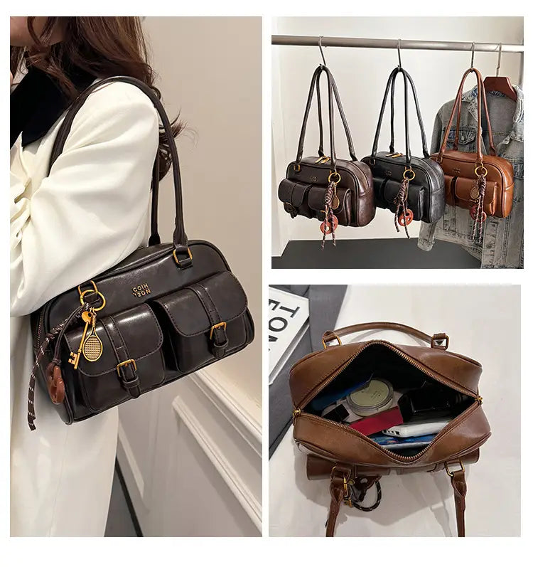 Korean-style retro shoulder bag fashion trendy casual boston bag stylish bowling bag