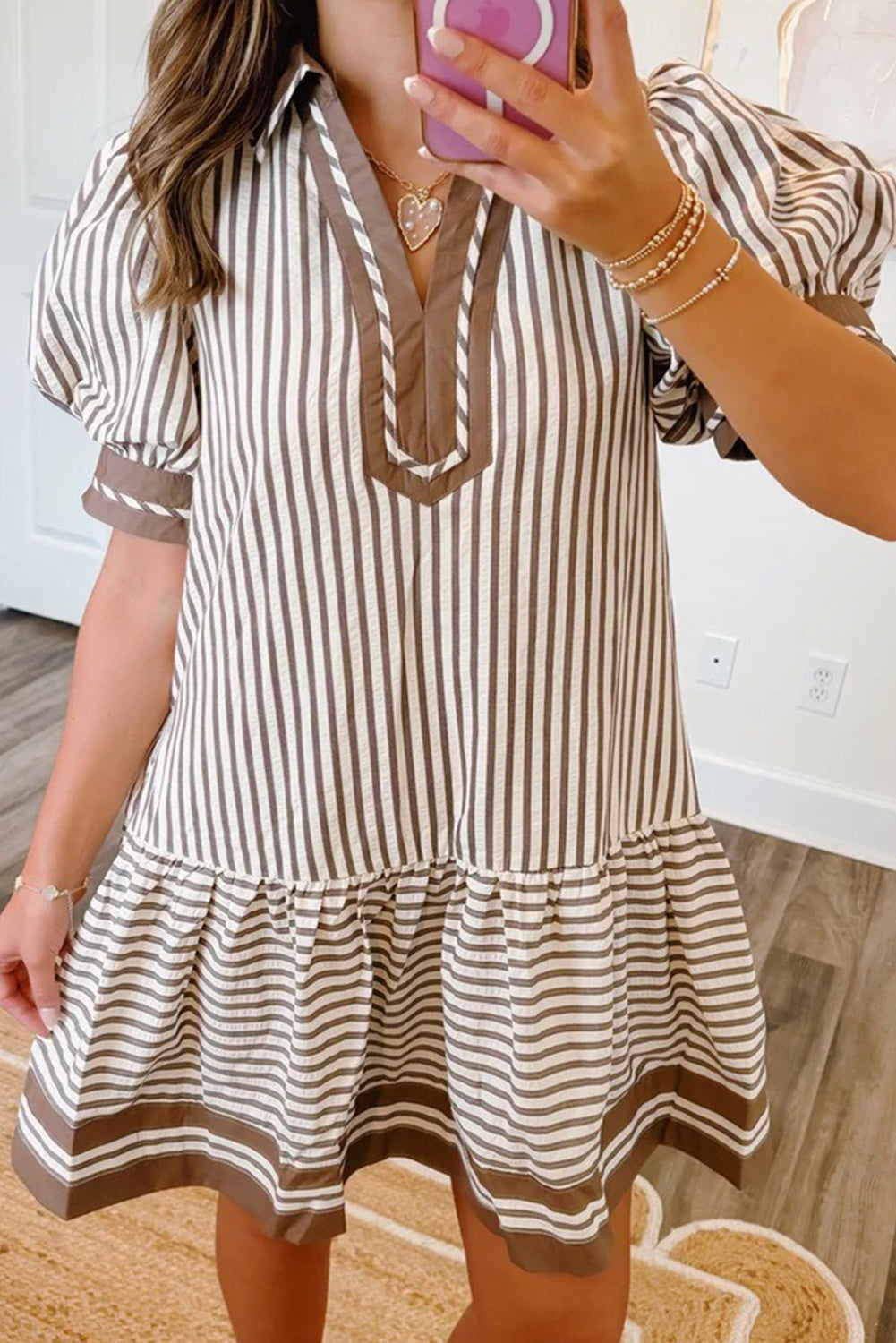 Brown Stripe Shirt Collar Color Block Patchwork Trim Ruffle Hem Short Dress