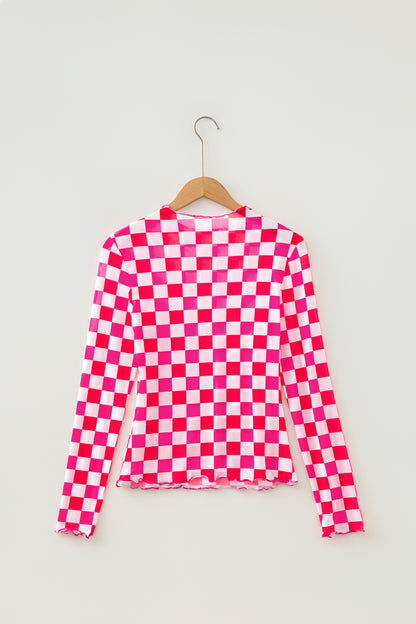 Rose Plaid Mesh Sheer Long Sleeve Top