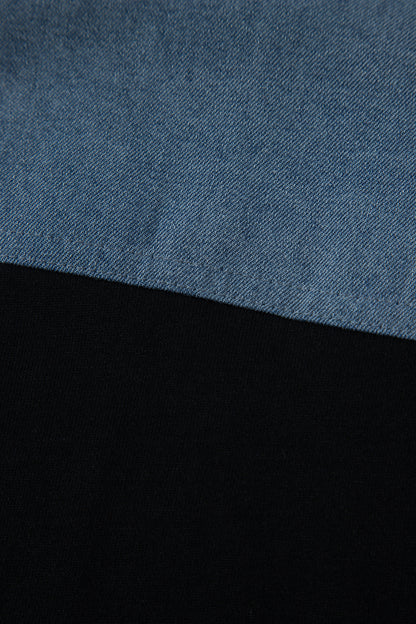 Light Grey Color Block Denim Patchwork Button Polo Collar Short Sleeve Top