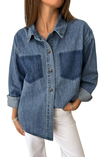 Sky Blue Color Block Pocket Detail Casual Button Down Denim Shirt