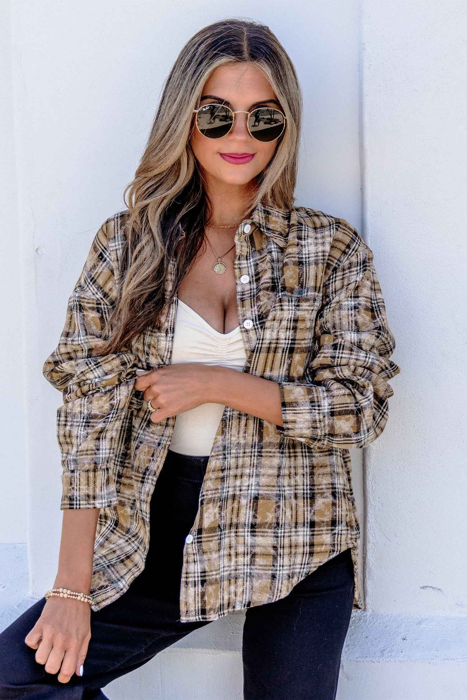 Brown Retro Plaid Long Sleeve Button Down Shirt