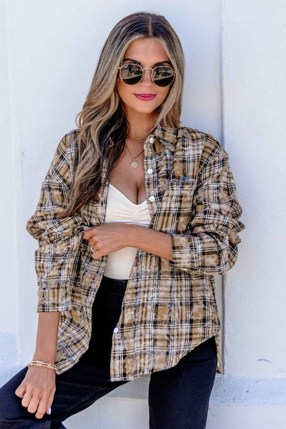 Brown Retro Plaid Long Sleeve Button Down Shirt