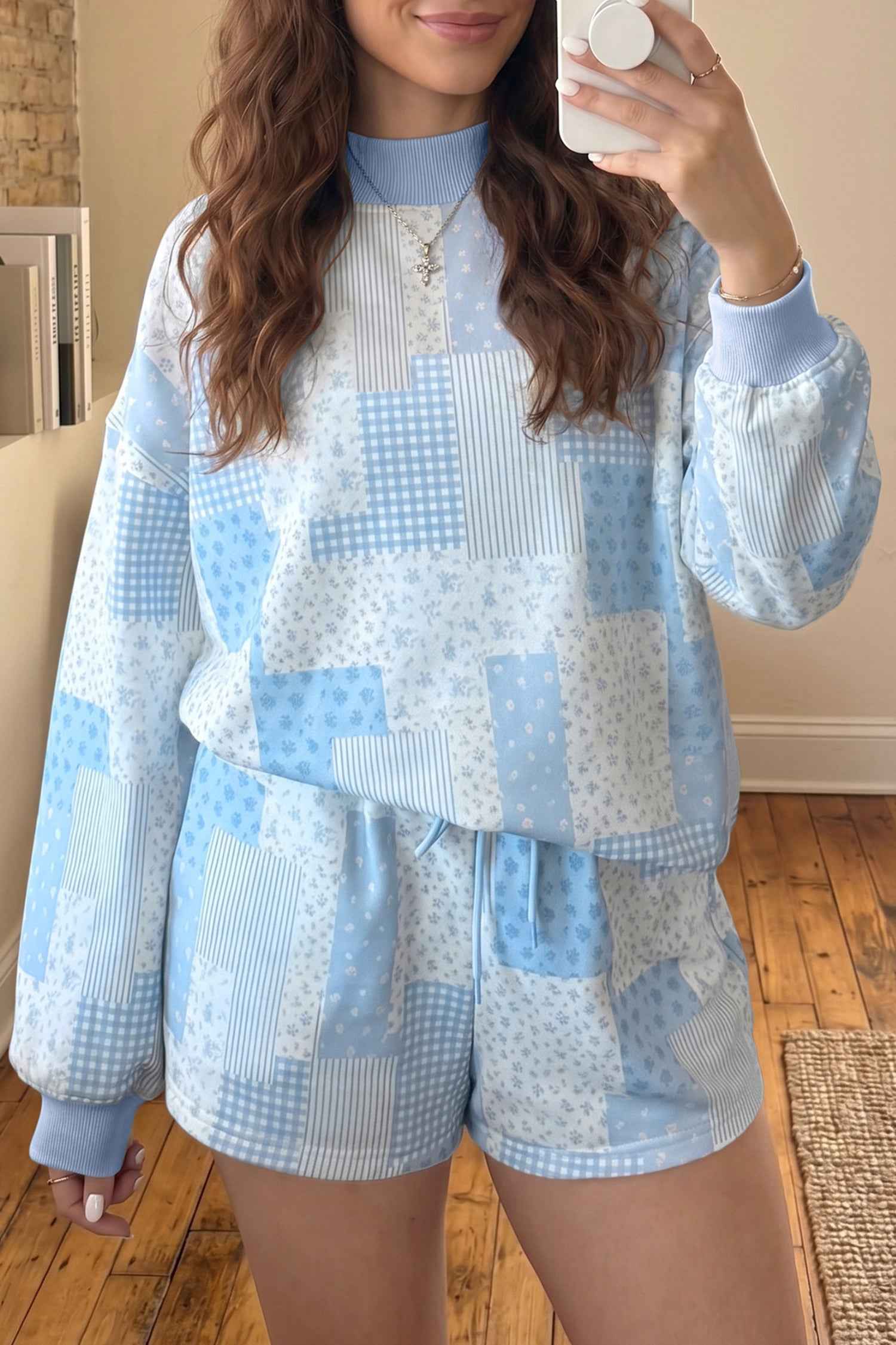 Sky Blue Patchwork Floral Print Drop Shoulder Baggy Pullover Drawstring Shorts Set