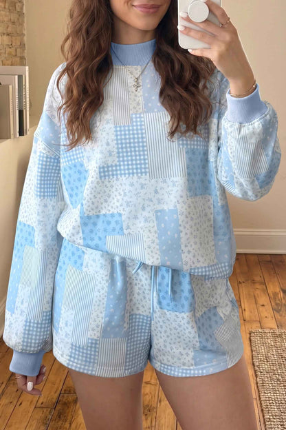 Sky Blue Patchwork Floral Print Drop Shoulder Baggy Pullover Drawstring Shorts Set