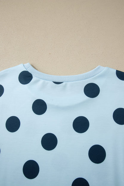 Pink Polka Dot Print Loose Tee Drawstring Elastic Waist Short Set
