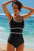 Navy Blue Contrast Trim Lace-up Back One Piece Swimsuit