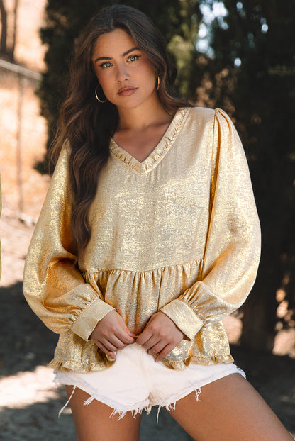 Dearlovers Gold Metallic Frilled V Neck Puff Sleeve Babydoll Blouse