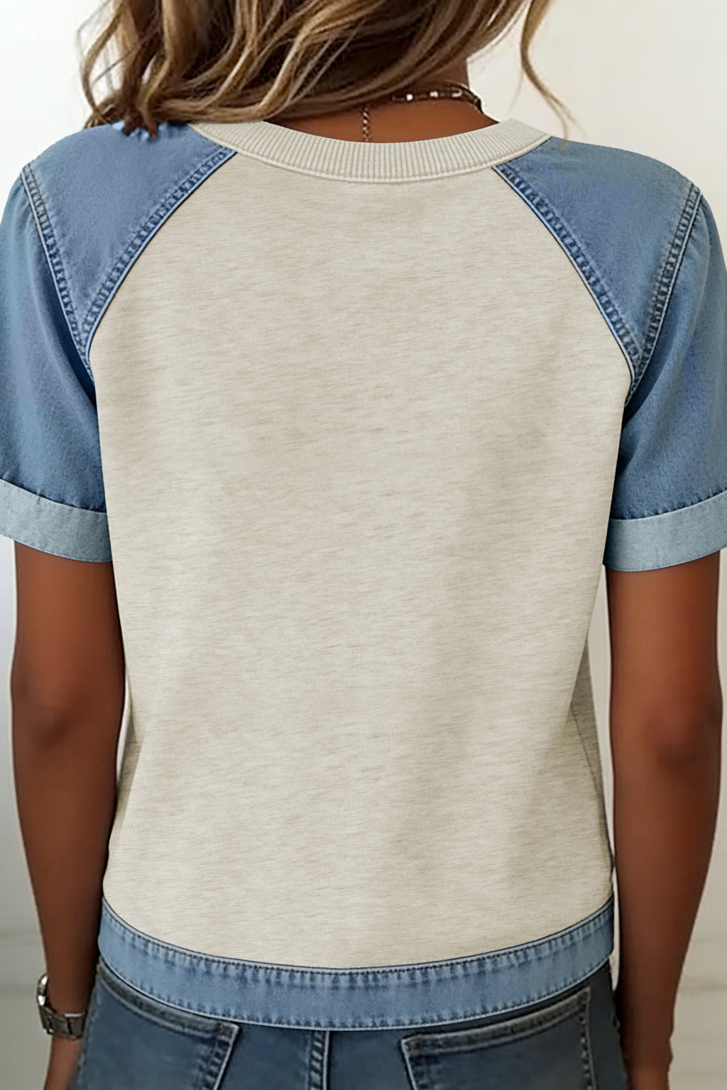 Parchment Denim Color Block Patchwork Round Neck Tee