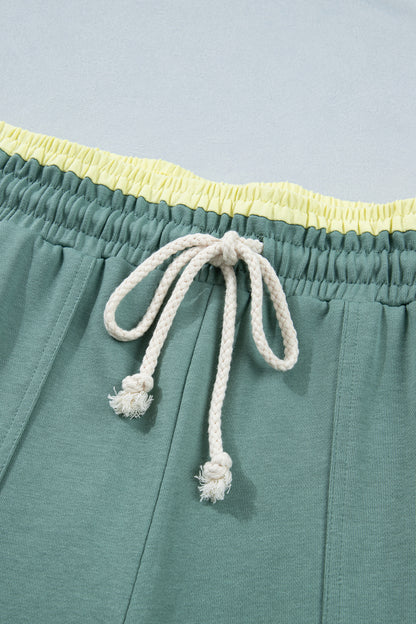 Sky Blue Color Block Flower Patchwork Drawstring Contrasted Elastic Waist Wide Leg Pants