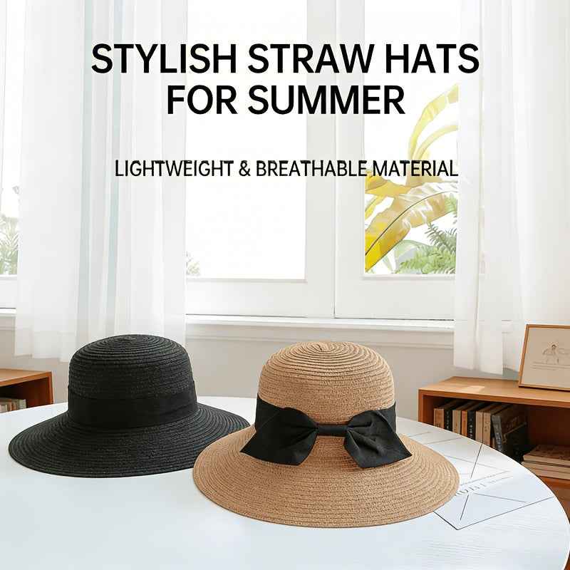 Chic Bowtie Straw Sun Hat Wide Brim Adjustable Lightweight