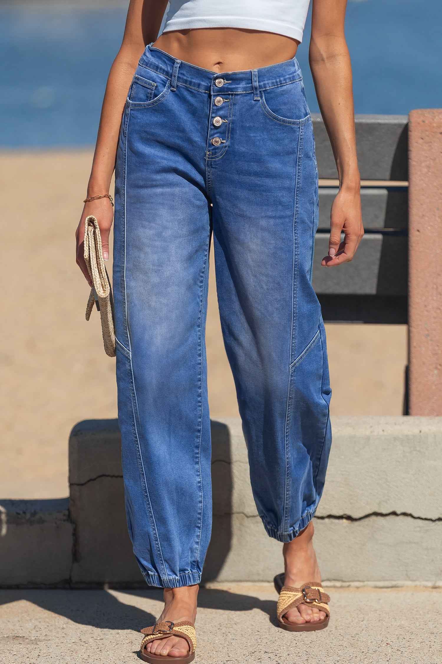 Blue 4 Buttons Front Tapered Casual Loose Fit Jeans