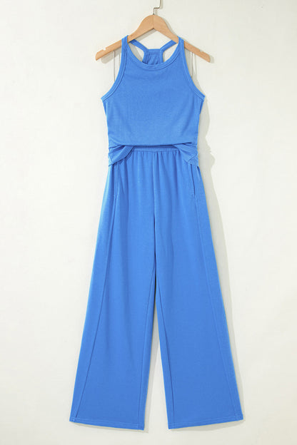 Sky Blue Slim Ribbed Tank Top and Sweatpants Set