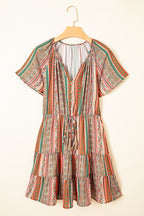 Red Bohemian Floral Print Buttoned V Neck Ruffle Tiered Dress