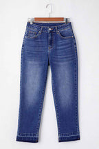 Dark Blue Whiskered Wash Raw Hem Cropped Jeans