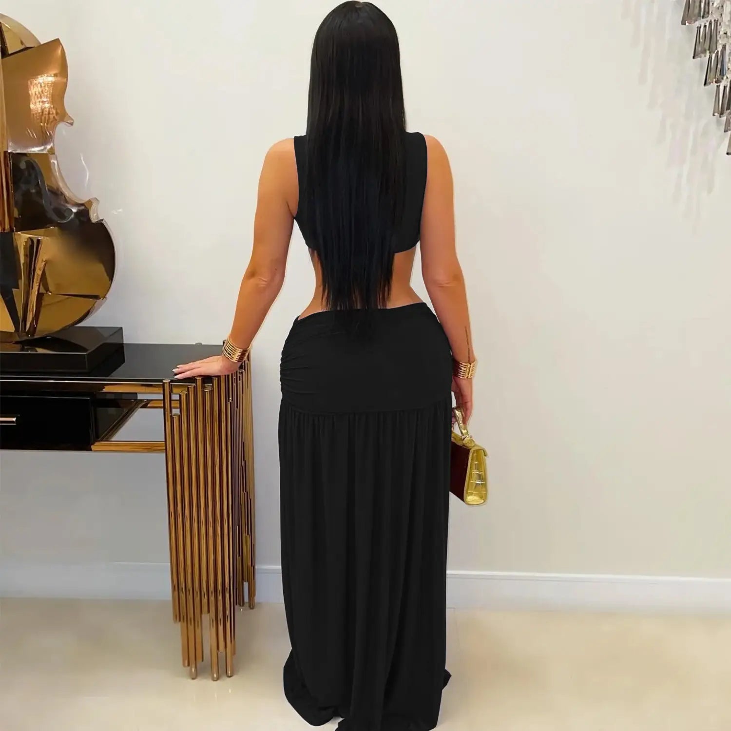 Fashion women’s sexy solid color sleeveless crop open fork dress
