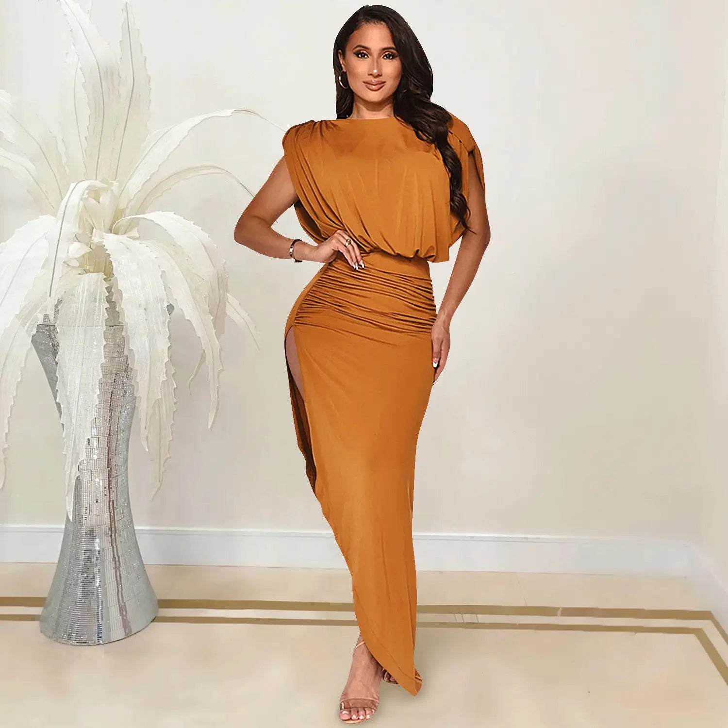 Fashion solid color women’s round neck sleeveless pleated asymmetrical slit long dress
