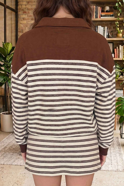 Brown Stripe Contrast Trim Button Neck Long Sleeve Top Drawstring Mini Skirt Set