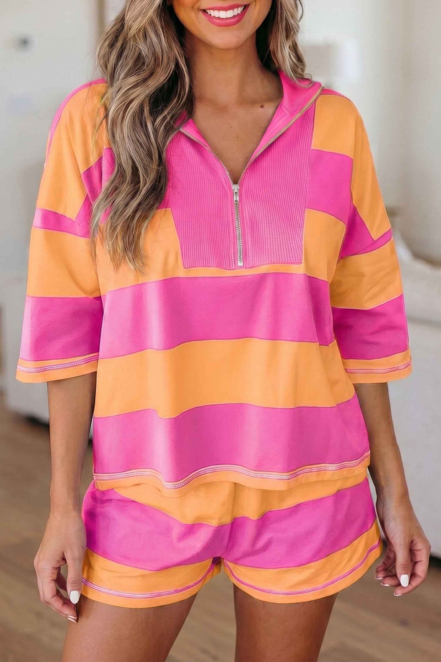 Pink Seam Detail Half Zip Tee Casual Shorts 2pcs Set
