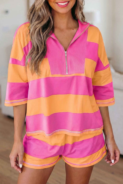 Pink Seam Detail Half Zip Tee Casual Shorts 2pcs Set