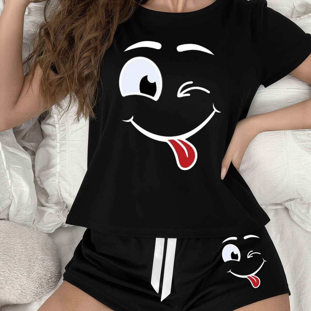 Cute Cartoon Smile Sleep Set Comfy Shorts  Top