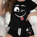 Cute Cartoon Smile Sleep Set Comfy Shorts  Top