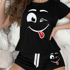 Cute Cartoon Smile Sleep Set Comfy Shorts  Top