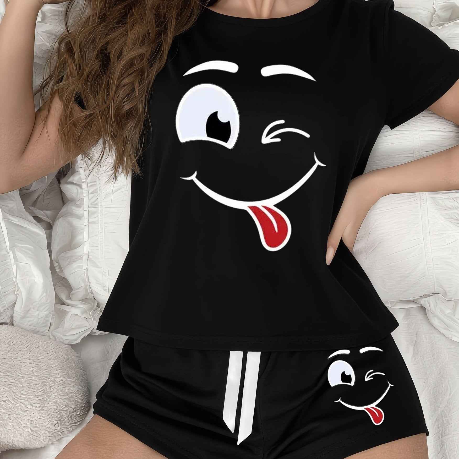 Cute Cartoon Smile Sleep Set Comfy Shorts  Top