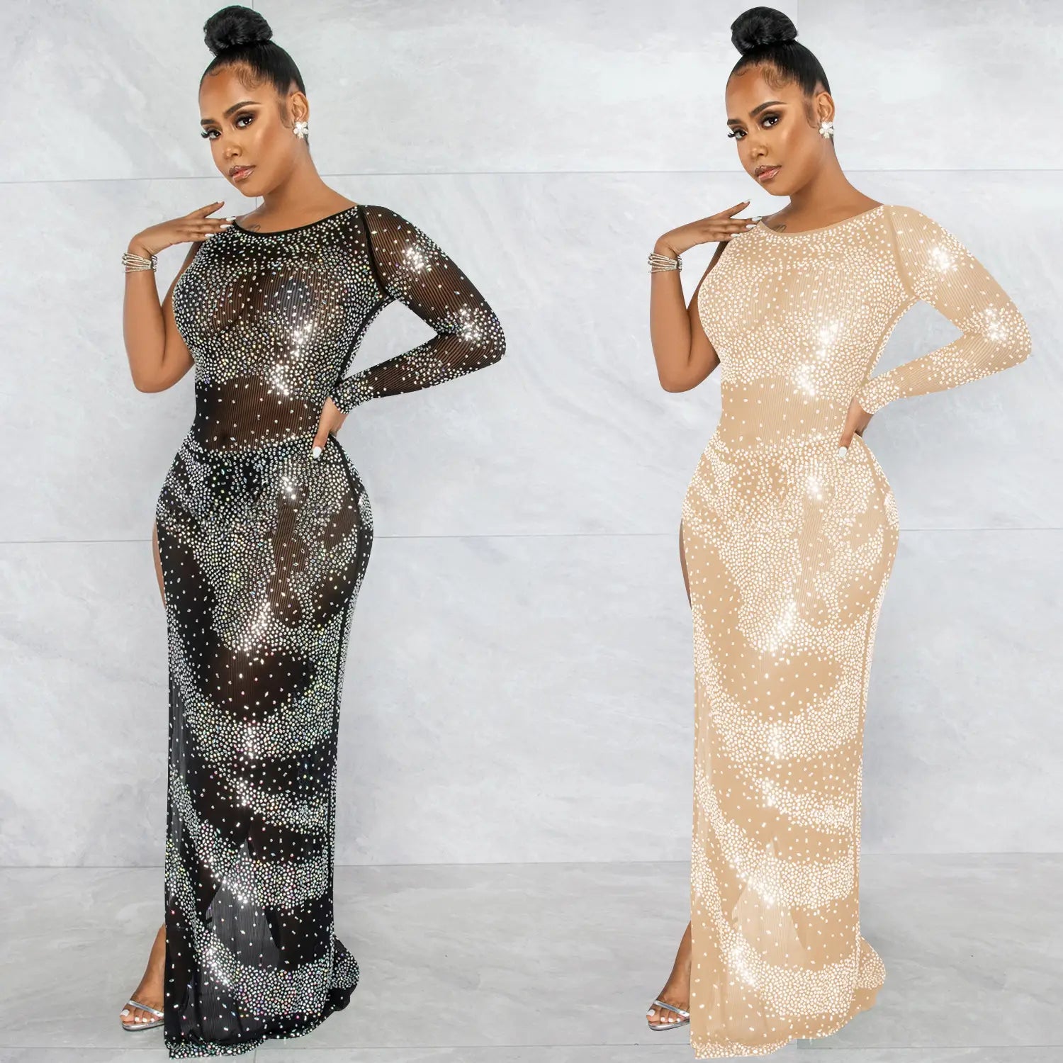 Fashion sexy nightclub rhinestone single long sleeve irregular slit maxi dress