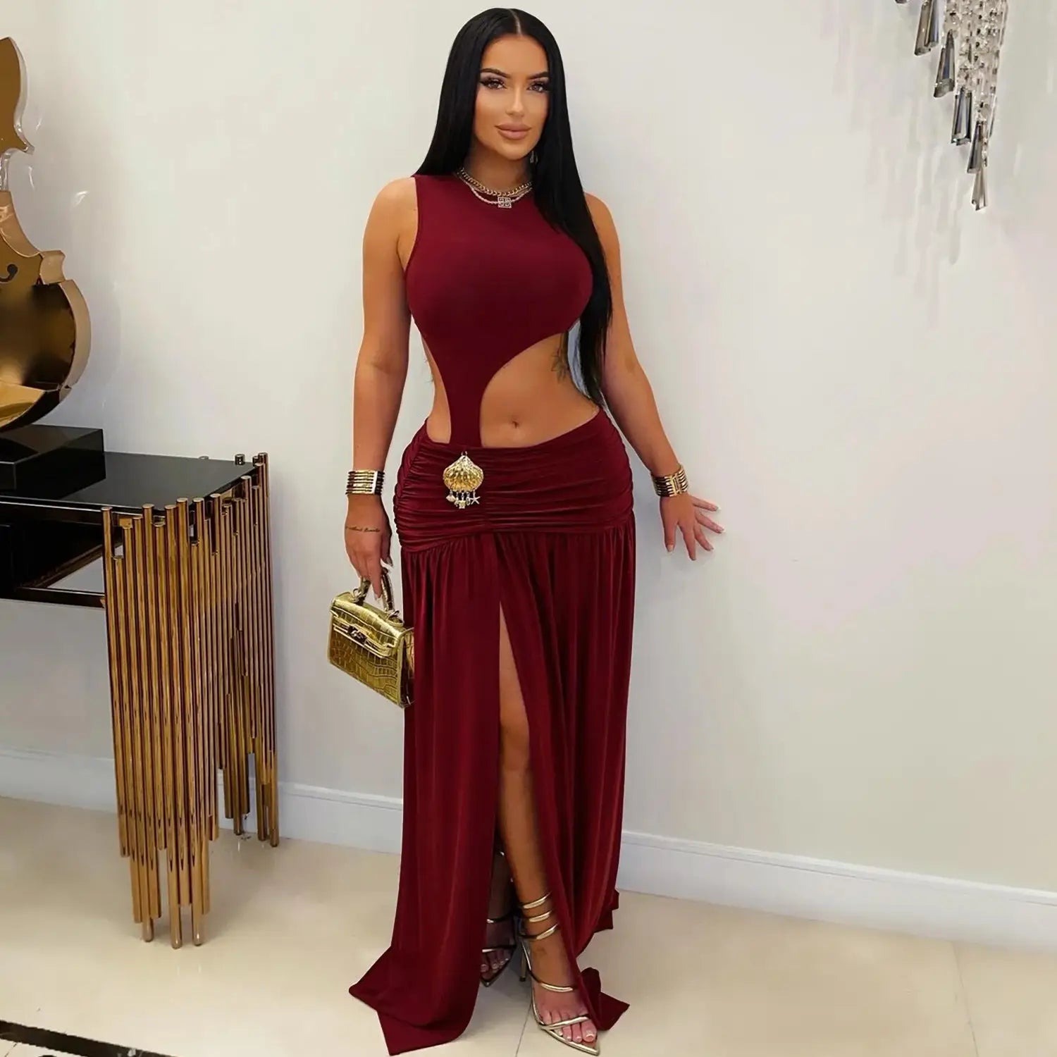 Fashion women’s sexy solid color sleeveless crop open fork dress