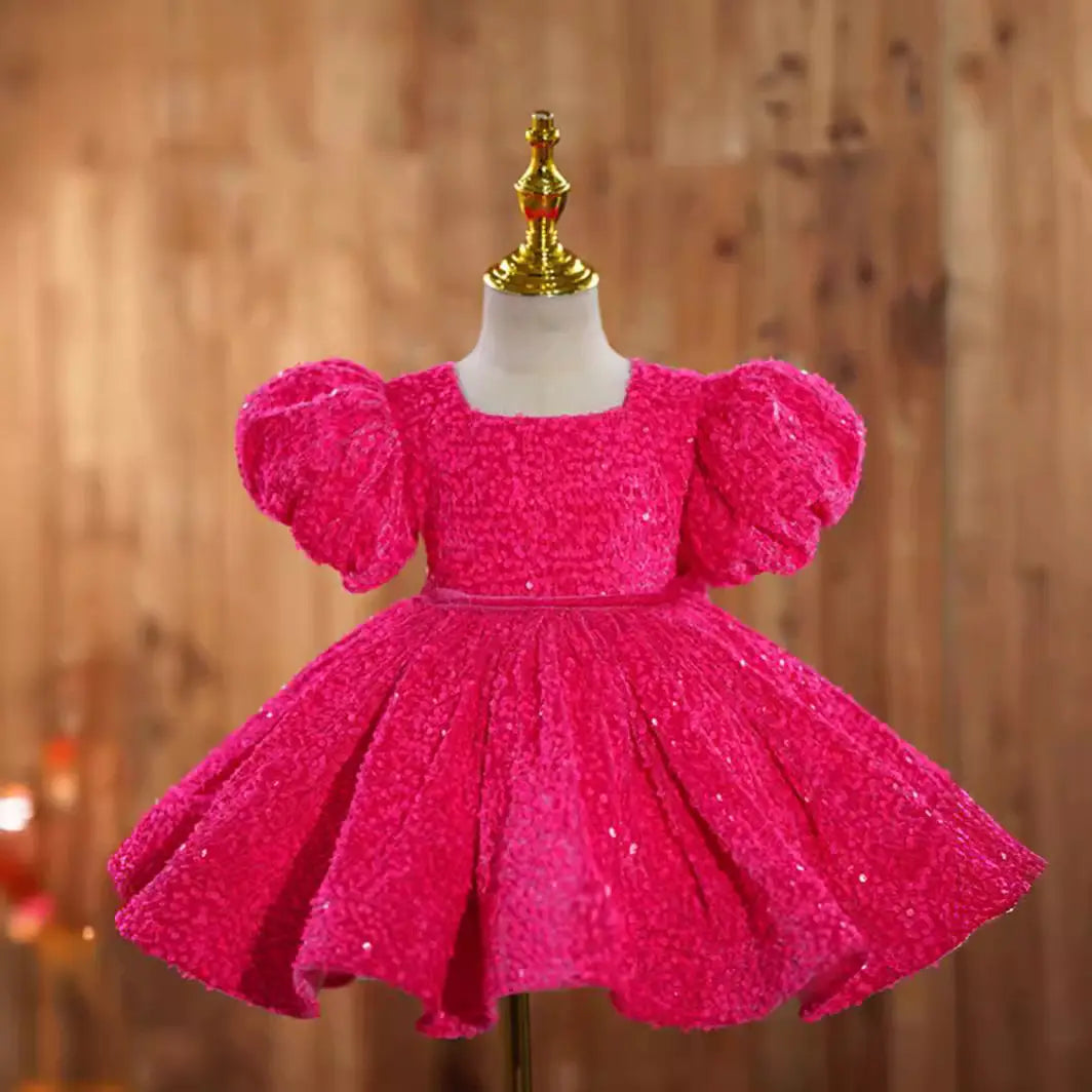 Rose red girls’ dress birthday party princess runway piano performance costume flower girl short skirt