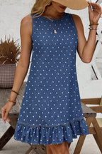 Blue Polka Dot Ruffle Hem Sleeveless Shift Dress Mini Vacation Wholesale