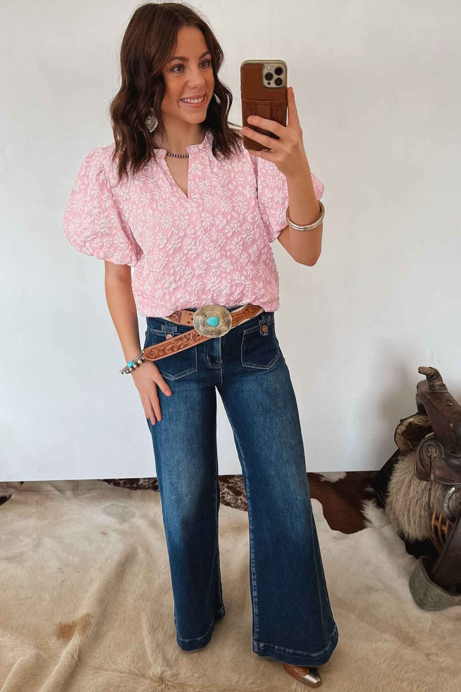 Apricot Pink Floral Textured Jacquard Puff Sleeve Blouse