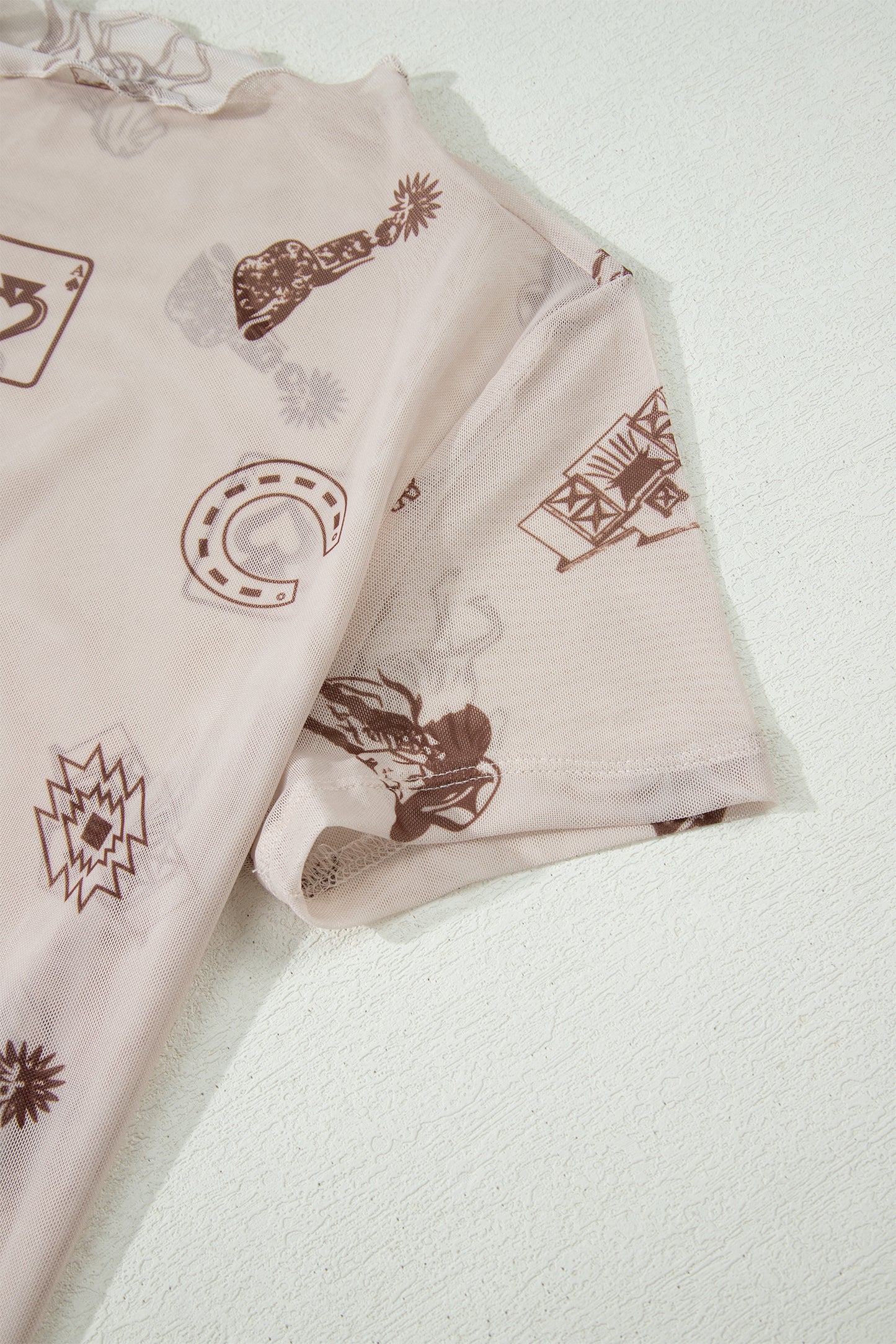 Brown Floral Printed Mesh Short Sleeve Top