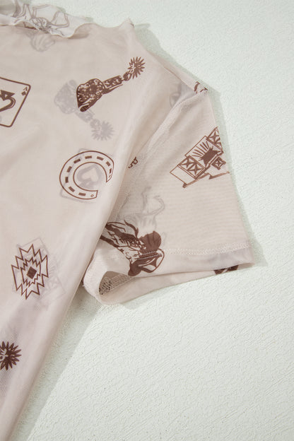 Brown Floral Printed Mesh Short Sleeve Top