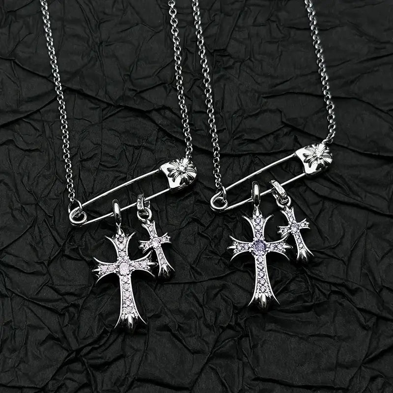 925 silver plated white gold rhinestone pin double cross pendant necklace for men and women european and american style