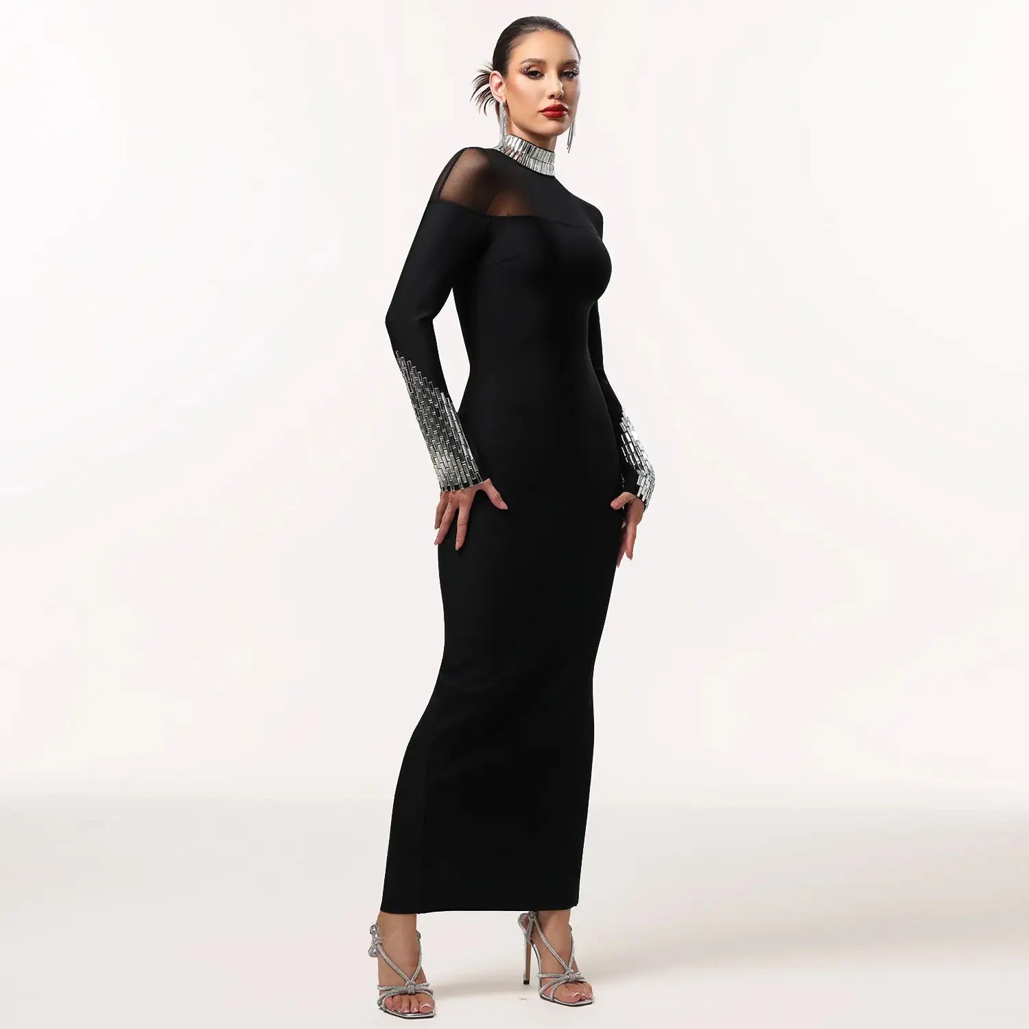 Elegant high neck long sleeve fitted sequined dress for women