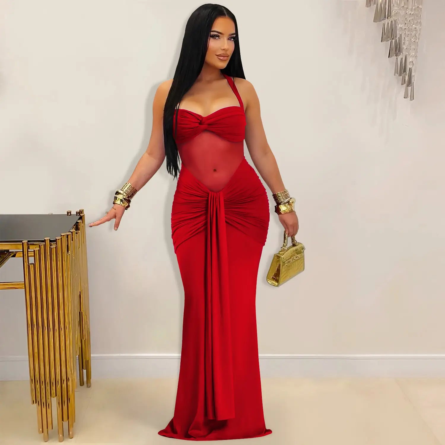 Fashion women’s sexy sheer mesh halter tie-back dress