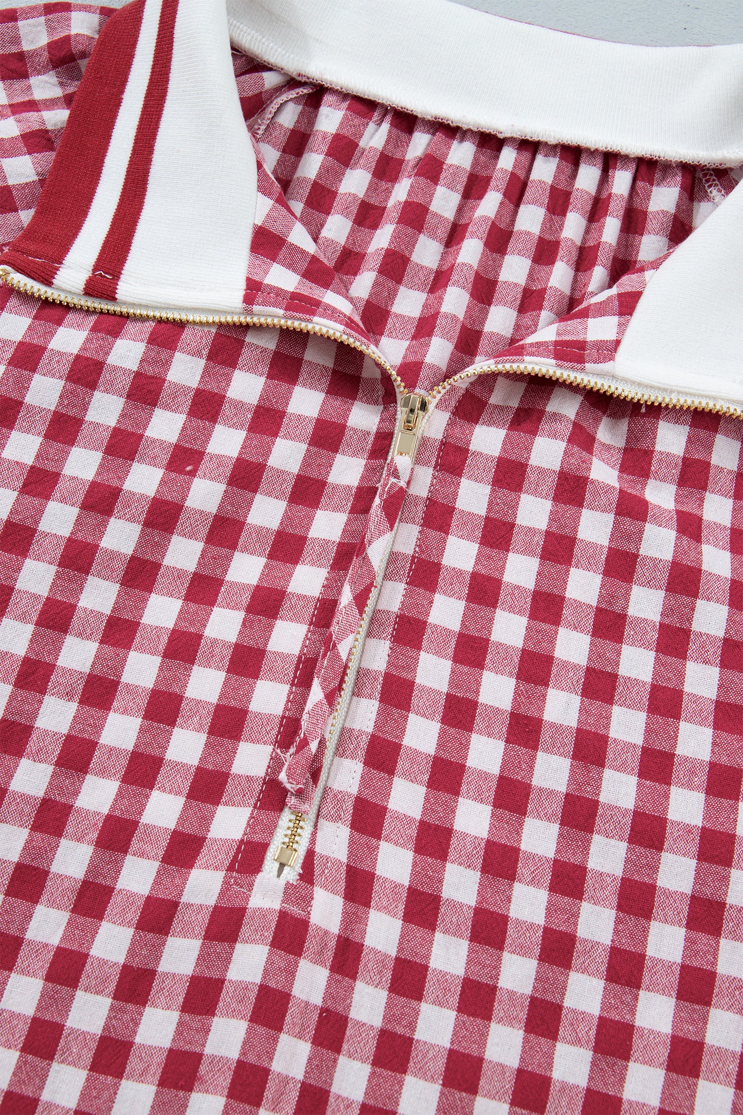 Red Gingham Striped Patchwork Half Zip Blouse