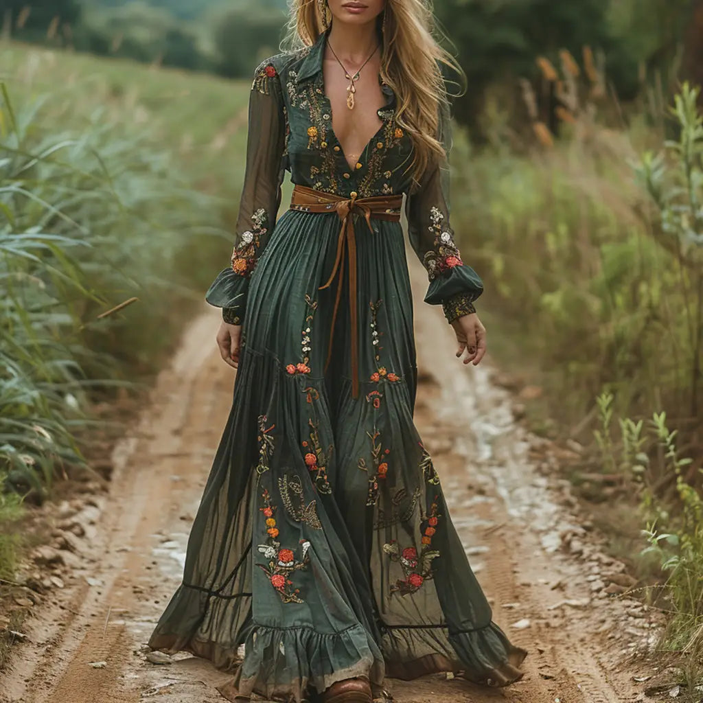 Retro Countryside Style V-Neck Printed Long Sleeve Dress