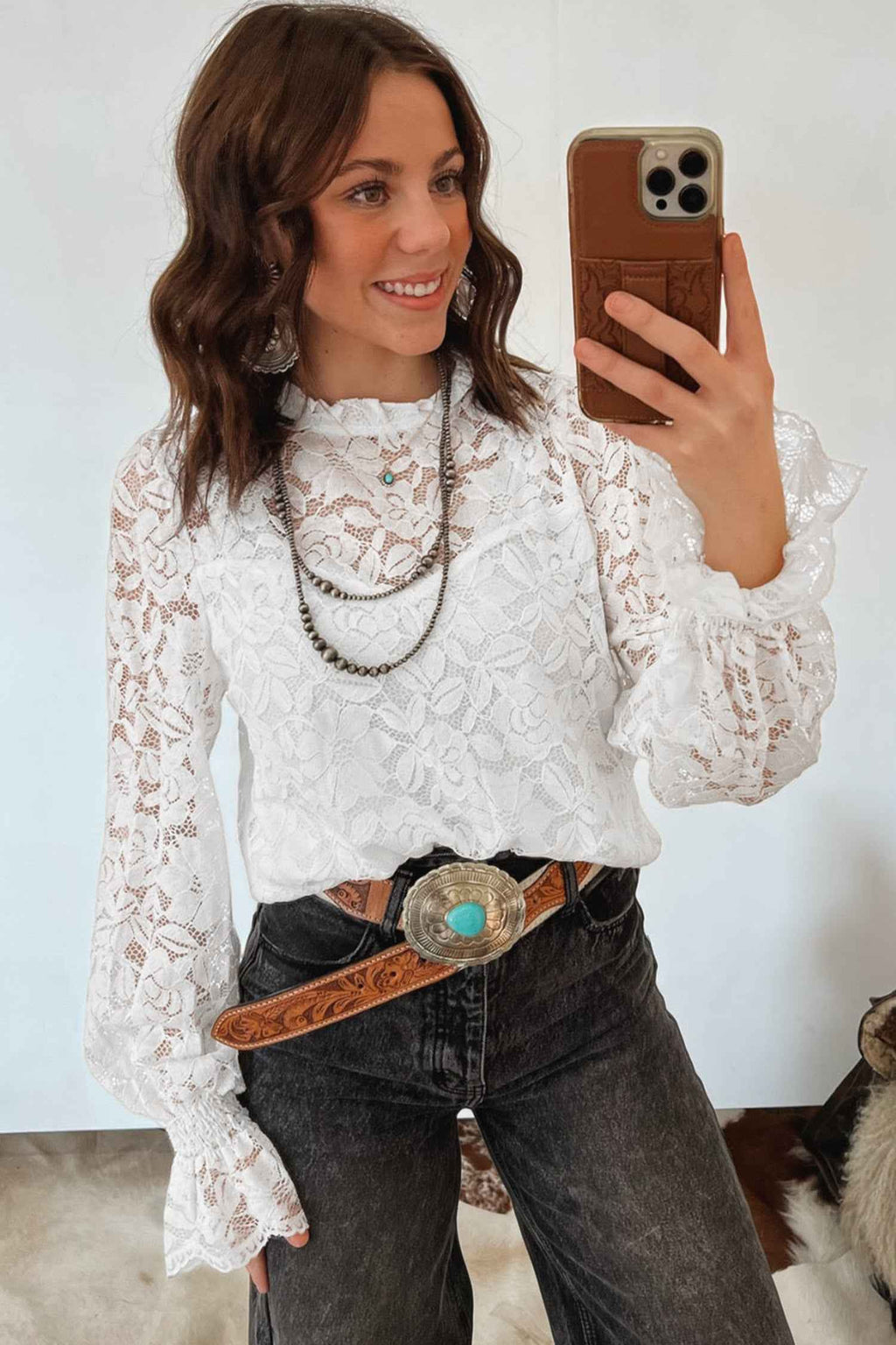 White Ruffled Round Neck Long Flounce Sleeve Sheer Lace Blouse