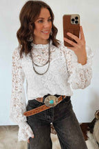 White Ruffled Round Neck Long Flounce Sleeve Sheer Lace Blouse