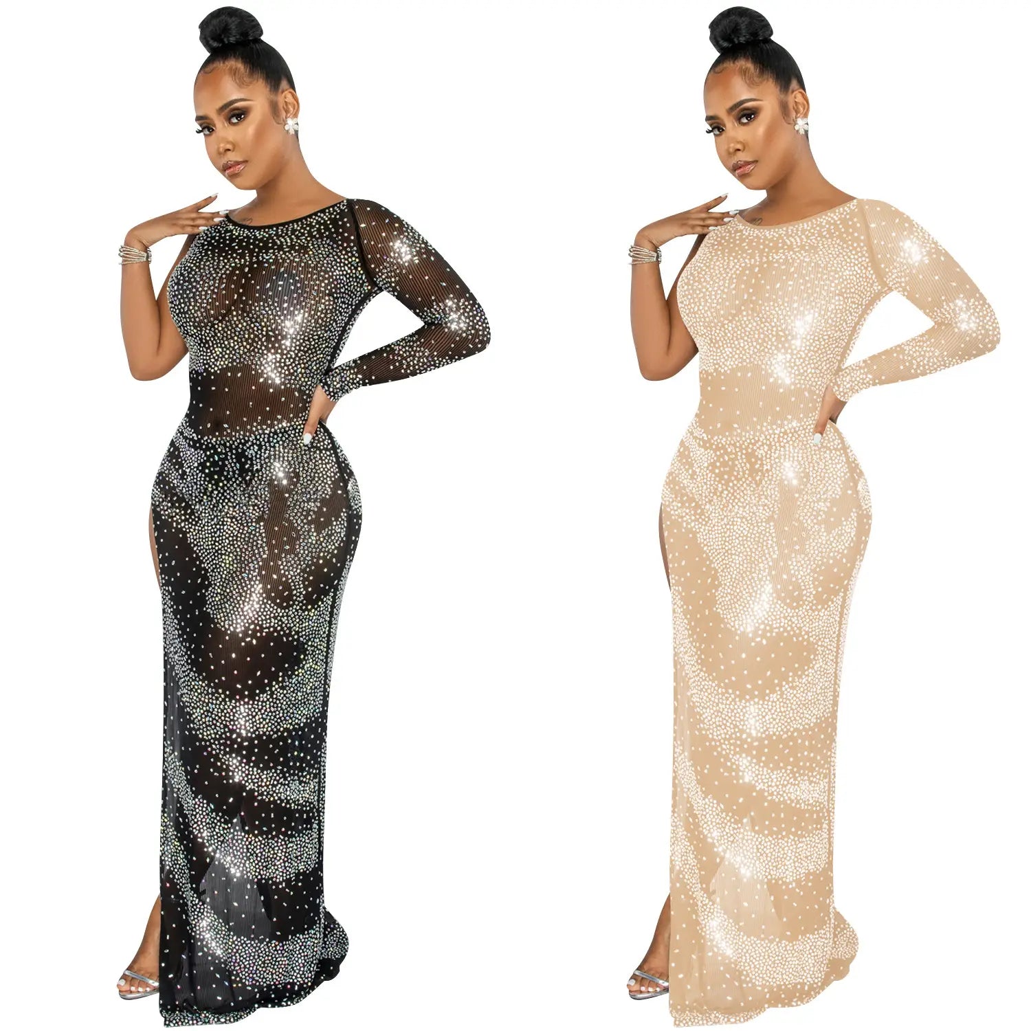 Fashion sexy nightclub rhinestone single long sleeve irregular slit maxi dress