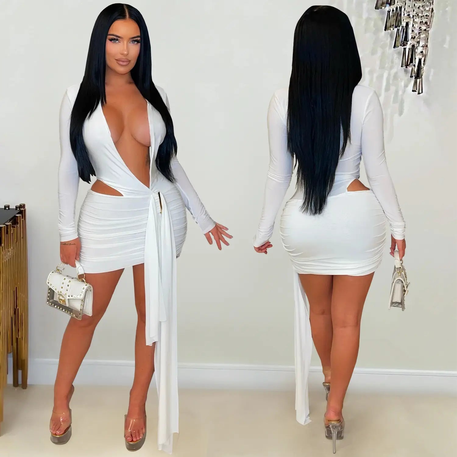 Fashion Women's Sexy Deep V Neck Solid Color Ribbon Dress Mini Dress